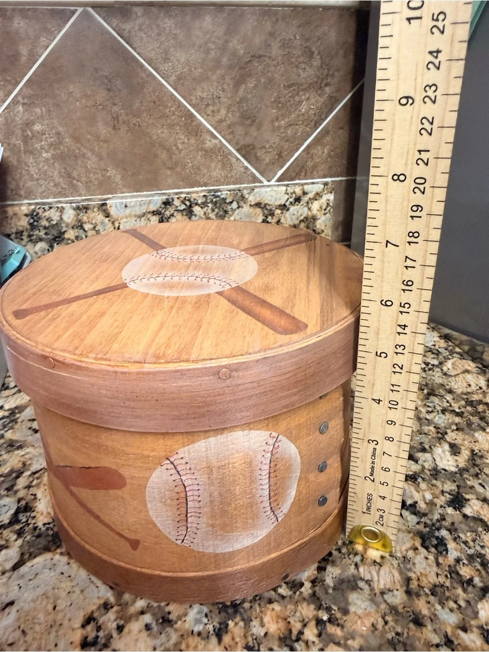 Wooden Baseball Themed Storage Box - Natural Brown